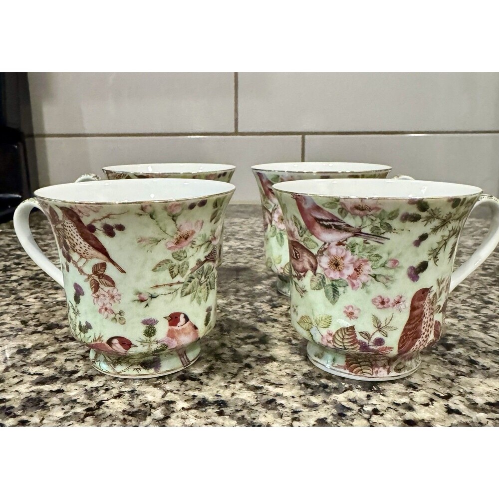 Set of 4 Darice Birds, Brambles & Thistles Pink Flowers Teacups